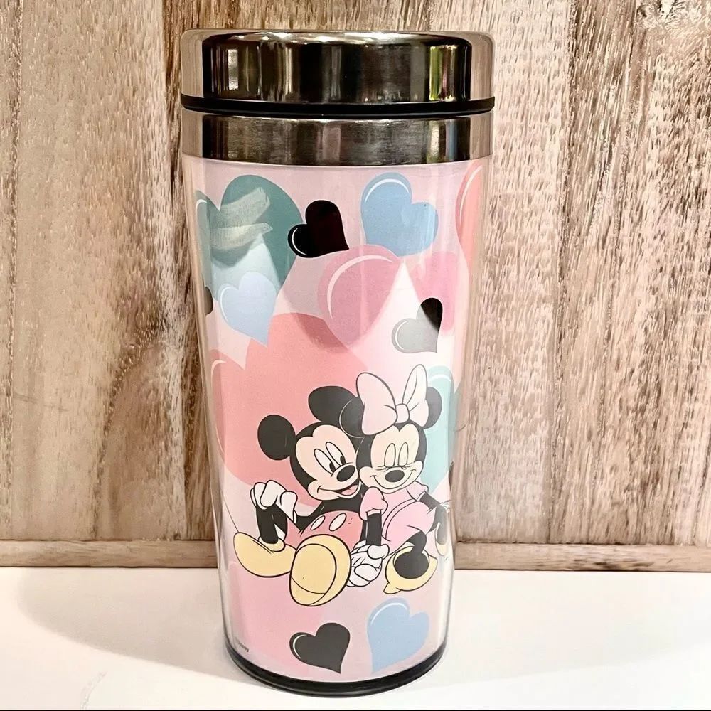 NWT Mickey & Minnie Mouse Silver, black, blue, pink hearts travel Tumbler New